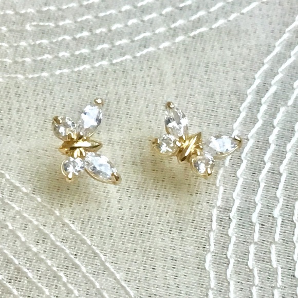 Solid 14K Yellow Gold Cz butterfly Earrings - Picture 6 of 8